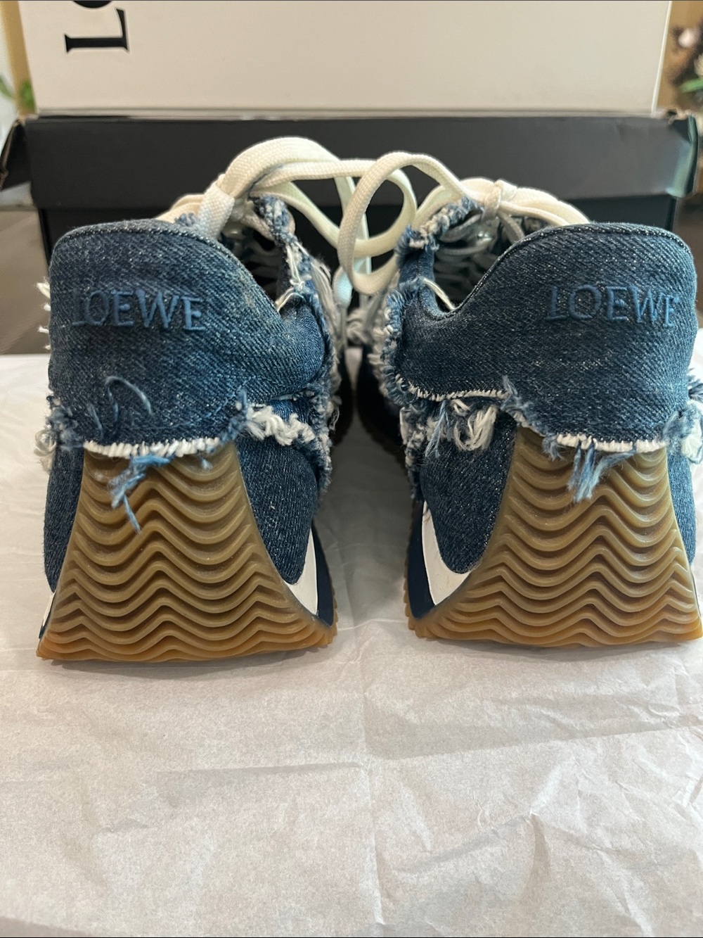 Loewe Distressed Denim Runner Sneakers in Blue with Cream Laces - Picture 4 of 12